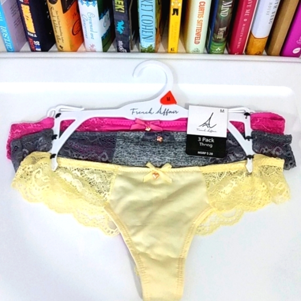 FRENCH AFFAIR 3 PACK LACE THONG PANTIES SIZE MEDIUM NWT